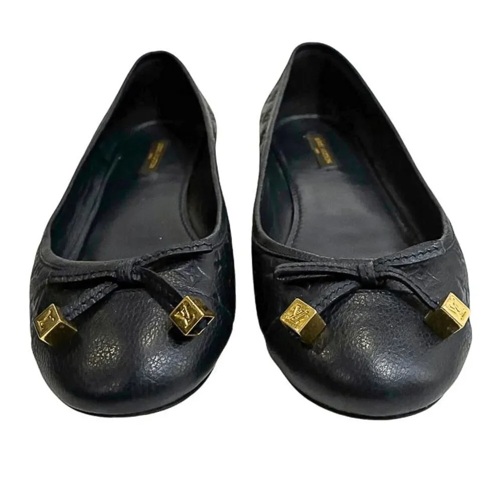Louis Vuitton Debbie Monogram Cap Toe Bow Ballet Flats Navy Blue Leather EU 38